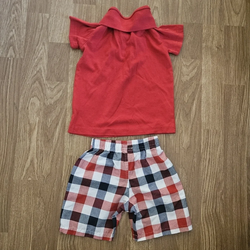 Red Polo Shirt and Plaid Shorts Set